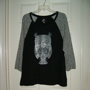 Style & Co Black & Gray Long Sleeve Top with Owl Design, Size XL